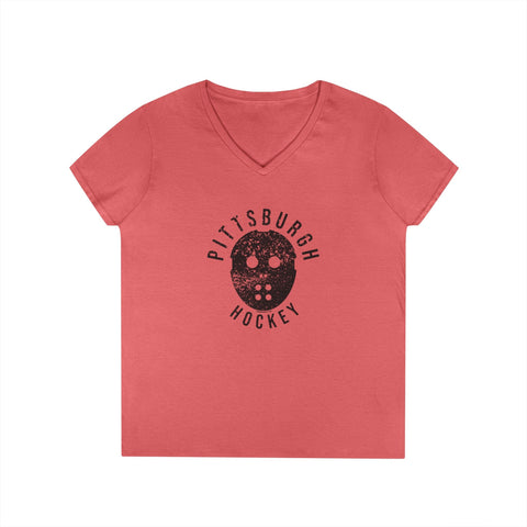 Pittsburgh Hockey Retro Mask - Ladies' V-Neck T-Shirt V-Neck T-Shirt - YinzerShop