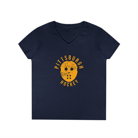 Pittsburgh Hockey Retro Mask - Ladies' V-Neck T-Shirt V-Neck T-Shirt - YinzerShop