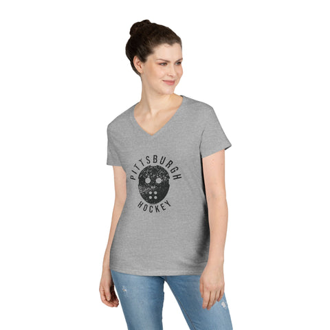 Pittsburgh Hockey Retro Mask - Ladies' V-Neck T-Shirt V-Neck T-Shirt - YinzerShop