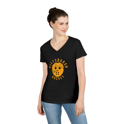 Pittsburgh Hockey Retro Mask - Ladies' V-Neck T-Shirt V-Neck T-Shirt - YinzerShop
