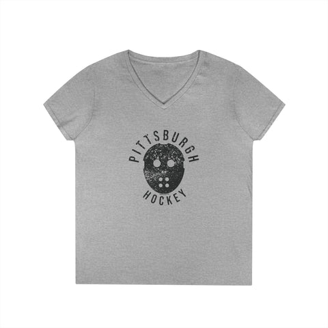 Pittsburgh Hockey Retro Mask - Ladies' V-Neck T-Shirt V-Neck T-Shirt - YinzerShop