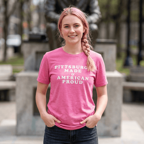 Pittsburgh Made & American Proud Tee with Neighborhood font — Retro Pride Graphic T-Shirt T-Shirt - YinzerShop