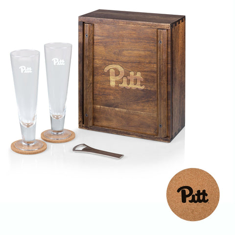 Pittsburgh Panthers Pilsner Beer Glass Set – Fluted Glassware, Acacia Wood Box & Bottle Opener Licensed - YinzerShop