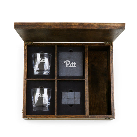 Pittsburgh Panthers Whiskey Box Gift Set - Oak Whiskey Box with Lowball Glasses & Stones Kit Licensed - YinzerShop
