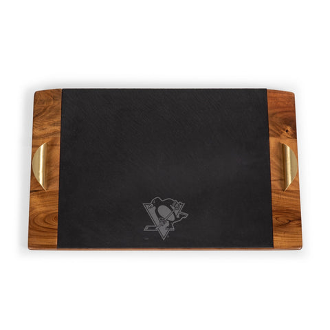 Pittsburgh Penguins Acacia Wood Serving Tray - Slate Cheese Board, Satin Brass Handles Licensed - YinzerShop