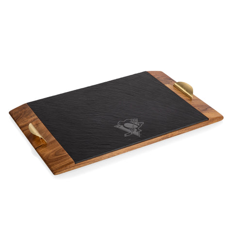 Pittsburgh Penguins Acacia Wood Serving Tray - Slate Cheese Board, Satin Brass Handles Licensed - YinzerShop