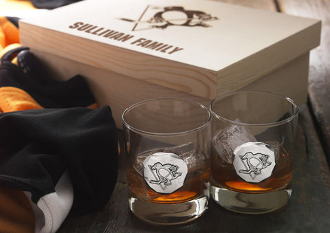 Pittsburgh Penguins Rocks Glass Officially Licensed 2-Piece Glass Set with Collectible Wood Box Glass Set - YinzerShop