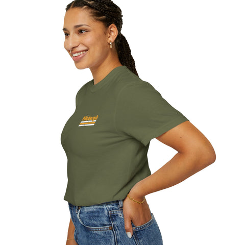 Pittsburgh Retro Stripe T-Shirt — Olive Garment-Dyed City Tee T-Shirt - YinzerShop