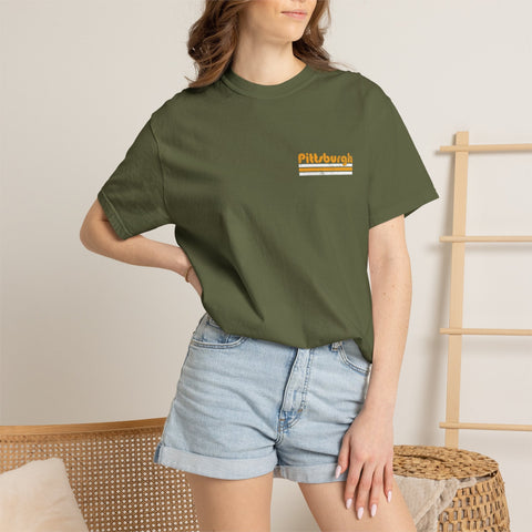 Pittsburgh Retro Stripe T-Shirt — Olive Garment-Dyed City Tee T-Shirt - YinzerShop