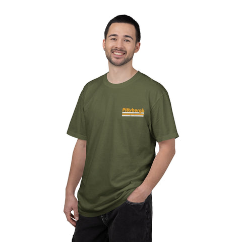 Pittsburgh Retro Stripe T-Shirt — Olive Garment-Dyed City Tee T-Shirt - YinzerShop