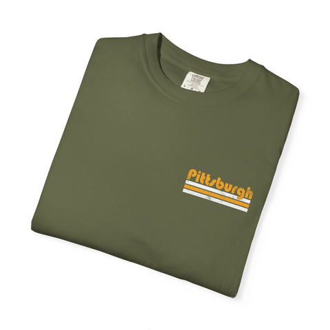 Pittsburgh Retro Stripe T-Shirt — Olive Garment-Dyed City Tee T-Shirt - YinzerShop