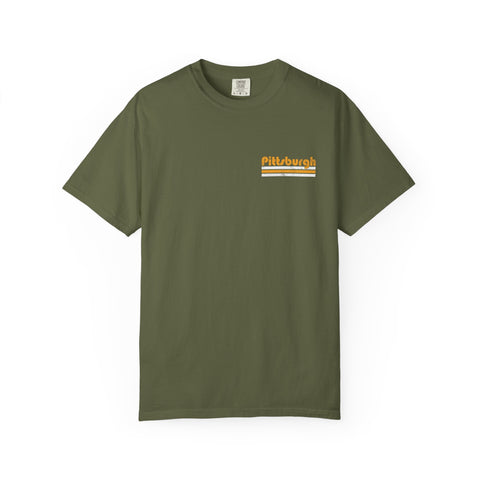 Pittsburgh Retro Stripe T-Shirt — Olive Garment-Dyed City Tee T-Shirt - YinzerShop