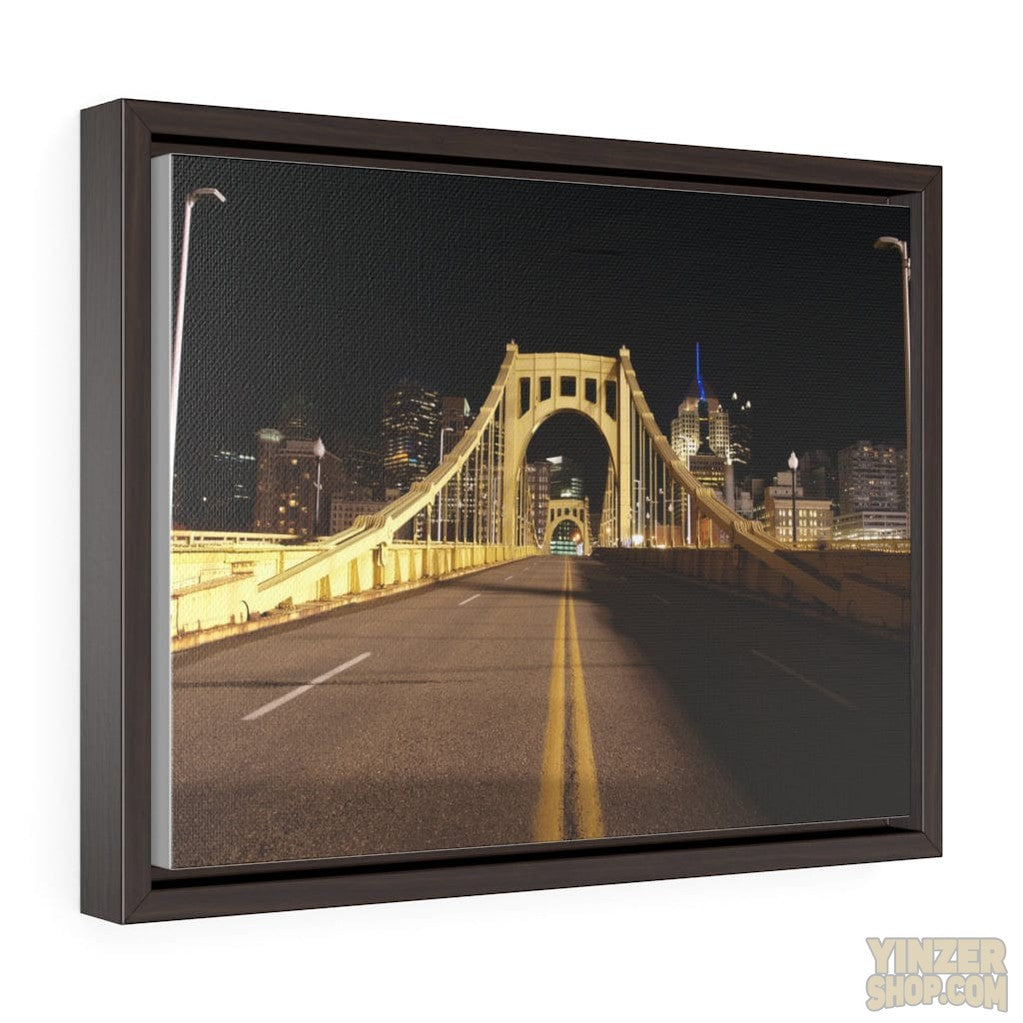Pittsburgh Roberto Clemente Bridge at Night printed on Canvas Wraps, Horizontal Frame Canvas Print Printify 16″ × 12″ Walnut Premium Gallery Wraps (1.25″)