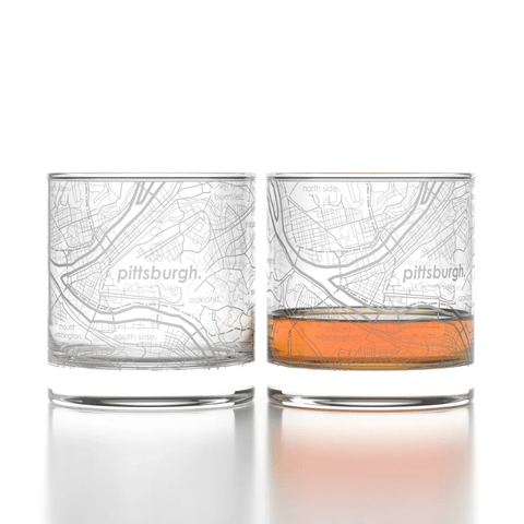 Pittsburgh Rocks Glasses - Set of 2 Etched City Map Whiskey Glassware Gift Rocks Glass - YinzerShop