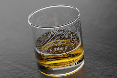 Pittsburgh Rocks Glasses - Set of 2 Etched City Map Whiskey Glassware Gift Rocks Glass - YinzerShop