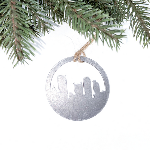 Pittsburgh Skyline Ornament - Recycled Steel Circle Holiday Decor Gift