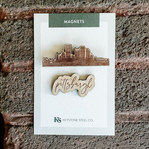 Pittsburgh Skyline Magnets Pack of 2 – Wooden Fridge Magnets & Magnetic Photo Holders Magnet - YinzerShop