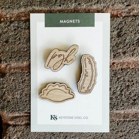 Pittsburgh Snack Magnets – Pickle, Pierogi & PGH Script Wooden Refrigerator Magnets Set Magnet - YinzerShop