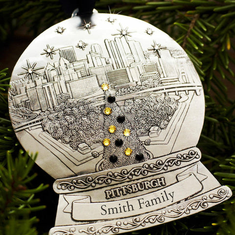 Pittsburgh Snow Globe | Handcrafted Steel City Ornament with Black Gold Crystals - YinzerShop