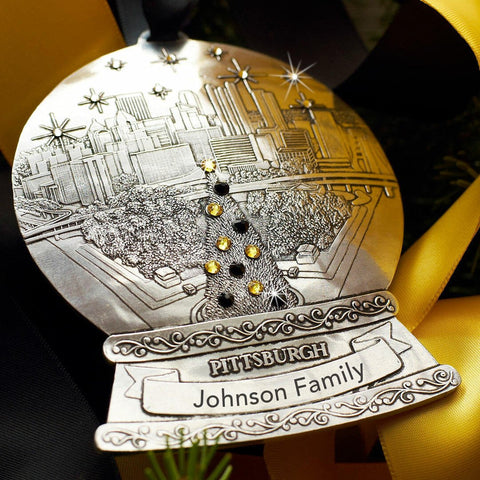 Pittsburgh Snow Globe | Handcrafted Steel City Ornament with Black Gold Crystals - YinzerShop