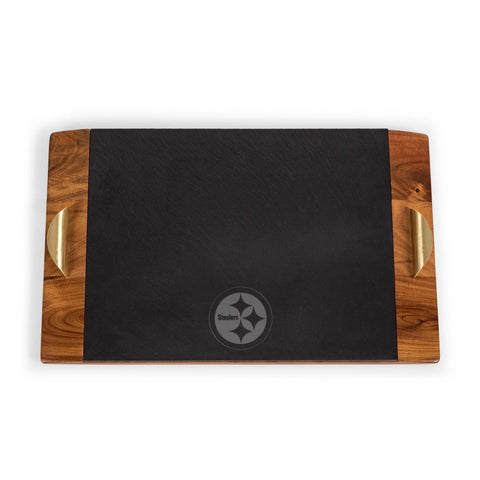 Pittsburgh Steelers Acacia Wood Serving Tray - Wood and Slate Tray with Brass Tone Handles Licensed - YinzerShop