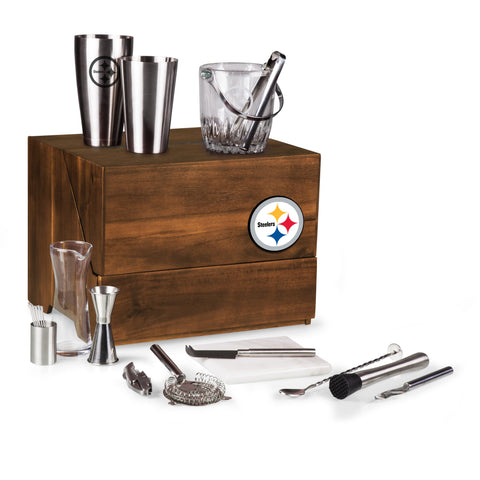 Pittsburgh Steelers Bar Set – Acacia Wood Tabletop Cocktail Station Licensed - YinzerShop