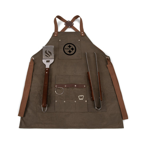 Pittsburgh Steelers BBQ Apron With Tools - Durable Waxed Canvas Apron & Leatherette Tool Rack Licensed - YinzerShop