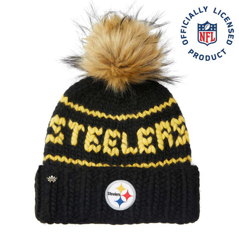 Pittsburgh Steelers Beanie - Merino Wool Hand Knit Brim Hat with Faux Fur Pom Pom Beanie - YinzerShop