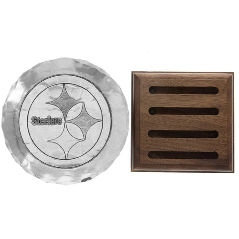 Pittsburgh Steelers Coaster Set - Official NFL Metal Coasters with Wood Caddy Coaster - YinzerShop