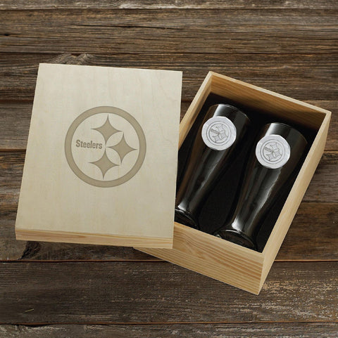 Pittsburgh Steelers Pilsner Set – 2-Piece 16 oz Glasses in Collectible Wood Box Beer Mug - YinzerShop