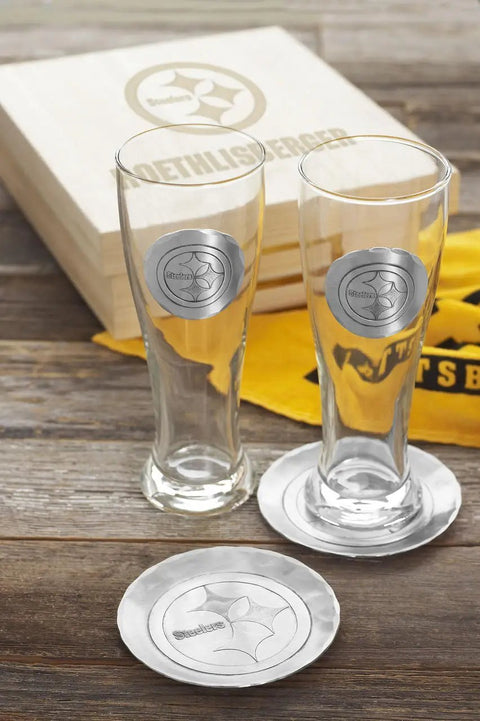 Pittsburgh Steelers Pilsner Set – 2-Piece 16 oz Glasses in Collectible Wood Box Beer Mug - YinzerShop