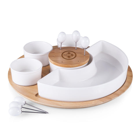 Pittsburgh Steelers Serving Tray - Bamboo Appetizer Plate & Ceramic Dip Bowls Set Licensed - YinzerShop