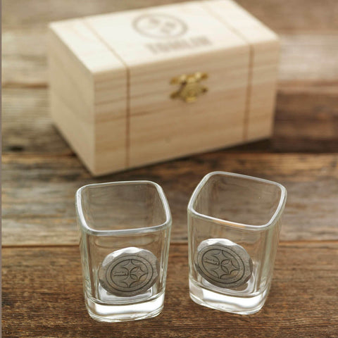 Pittsburgh Steelers Shot Glass Set - Aluminum 2-Piece With Collectible Wood Box Glass Set - YinzerShop