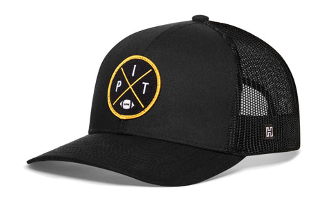 Pittsburgh Trucker Hat | Black PIT X Football Snapback Trucker - YinzerShop