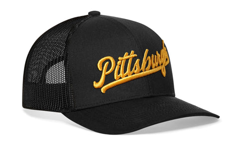 Pittsburgh Trucker Hat – Gold Script Embroidery, Adjustable Snapback Cap | Haka Hat Trucker - YinzerShop
