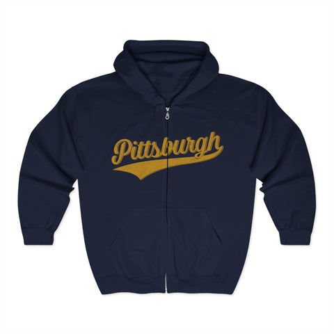 Pittsburgh Varsity Retro Heavy Blend Full Zip Hooded Sweatshirt Hoodie - YinzerShop
