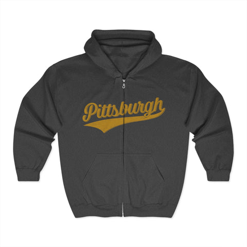 Pittsburgh Varsity Retro Heavy Blend Full Zip Hooded Sweatshirt Hoodie - YinzerShop