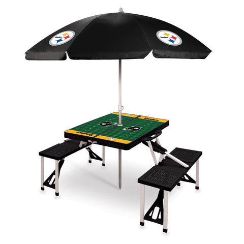 Portable Picnic Table - Pittsburgh Steelers Folding Table with Umbrella & Basket Weave Seats Licensed - YinzerShop