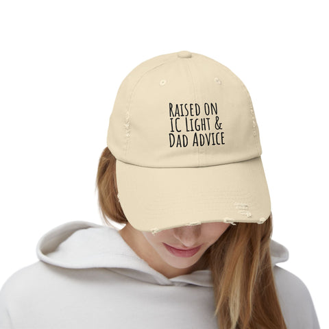 Raised on IC Light and Dad Advice - Distressed Cap Hats - YinzerShop