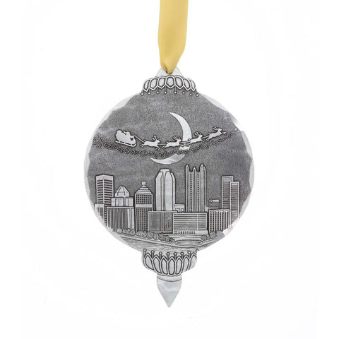 Santa Pittsburgh Ornament – Whimsical Holiday City Keepsake with Reindeer Flying Over Skyline - YinzerShop