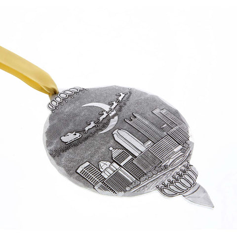 Santa Pittsburgh Ornament – Whimsical Holiday City Keepsake with Reindeer Flying Over Skyline - YinzerShop