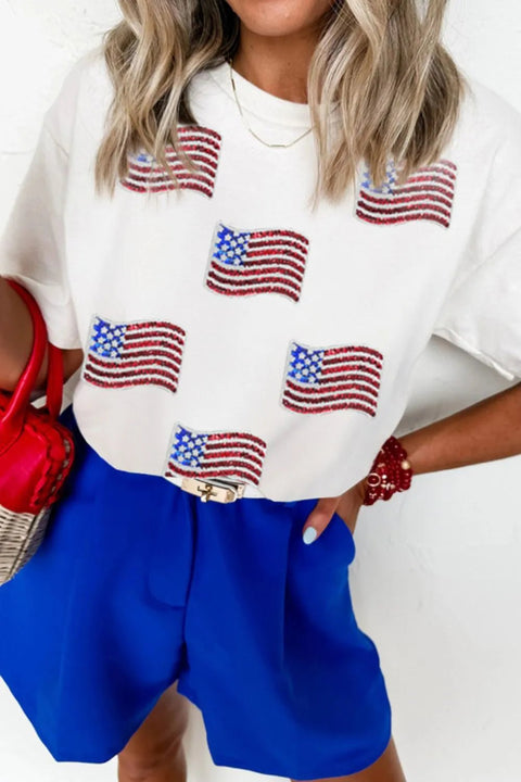 Sequin Flag T Shirt | Stylish American Flag Shirt Casual Polyester Cotton Tee - YinzerShop