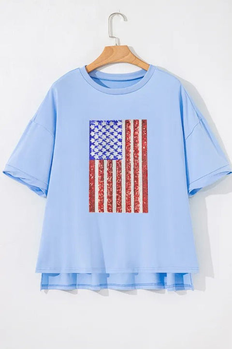 Sequined American Flag Shirt - Dropped Shoulder Tee | Soft Cotton Stretch Shirt - YinzerShop
