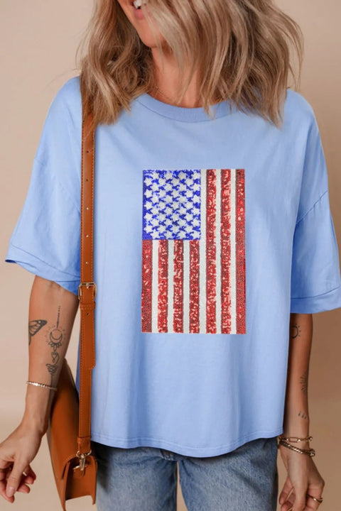 Sequined American Flag Shirt - Dropped Shoulder Tee | Soft Cotton Stretch Shirt - YinzerShop