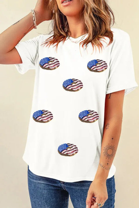 Sequined Flag T Shirt - Simply Love Short Sleeve Round Neck Polyester Cotton Blend Tee - YinzerShop