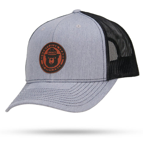 Smokey Bear 75 Years of Vigilance Trucker Snapback Hat 6 Panel Snapback WYR Heather/Black w/ Brown Patch  