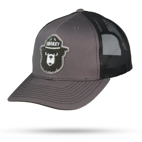 Smokey Bear Chenille Hat 6 Panel Snapback WYR Charcoal w/ Black Mesh  