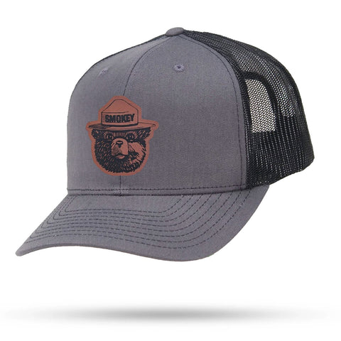 Smokey Bear Hat Patch Trucker 6 Panel Snapback WYR Charcoal/Black w/ Brown Patch  