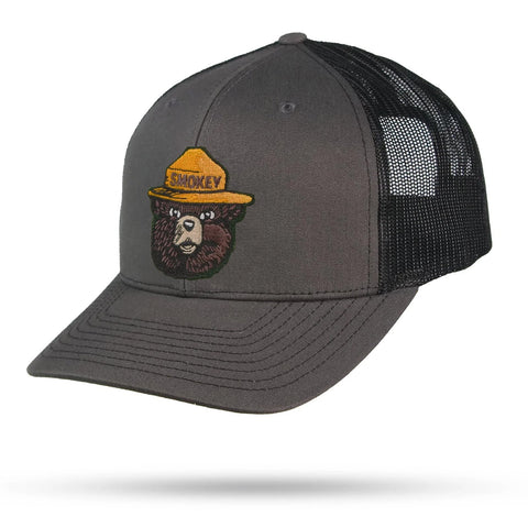 Smokey Bear Trucker Hat 6 Panel Snapback WYR Charcoal w/ Black Mesh  