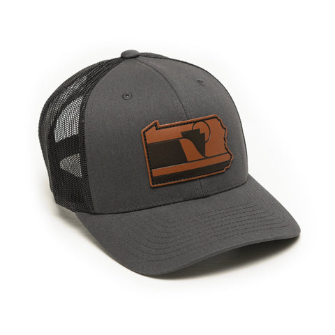 Snapback Trucker Hat - RepresentPA Anthracite Pennsylvania Leather Patch Hat Snapback Hat - YinzerShop